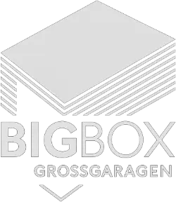 BigBox Großgaragen Logo - Abstrakte Zeichnung einer Garage in Linien gezeichnet, davor in Großschrift nochmal der Name der Seite